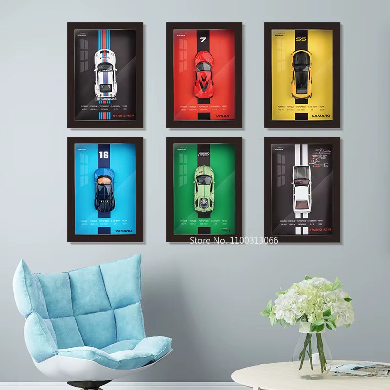 1/32 Alloy Car Model Three-Dimensional Hanging Painting Dust Proof Acrylic Panel Wooden Photo Frame Decorative Collection Gifts